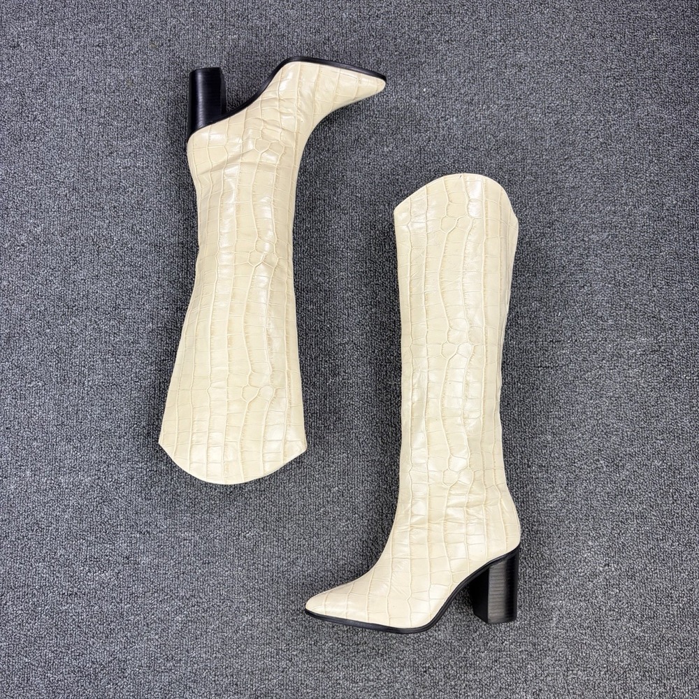 Schutz Maryana Block Knee High Boots Womens 5 B Cream Crocodile Embossed Leather